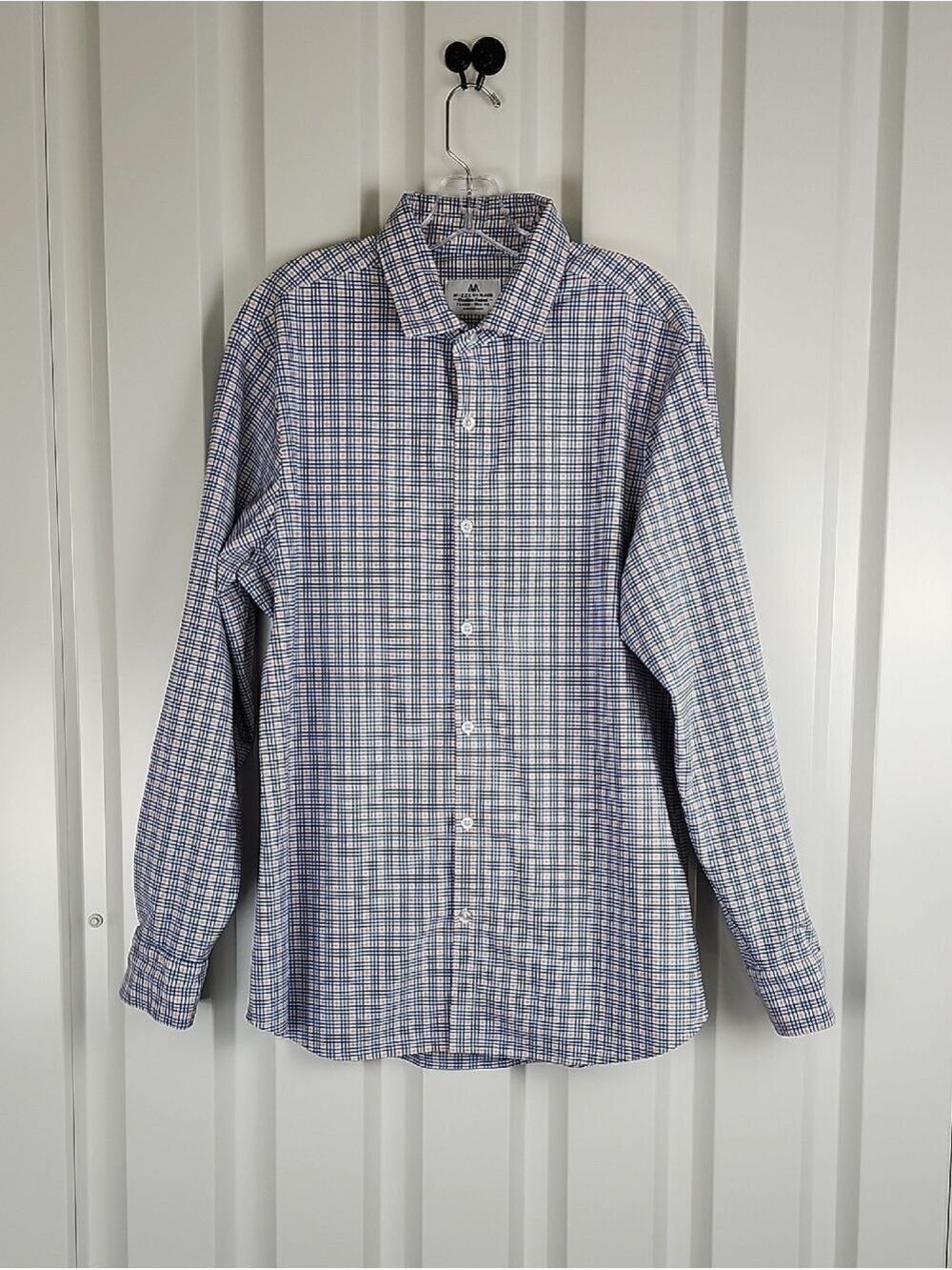 Mizzen + Main Mens Blue White Blue Orange Plaid Button Dress Shirt XL Trim Fit